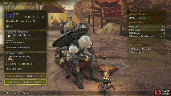 Meals give large boosts to health and stamina, also granting stat and food skill bonuses if you use more ingredients.