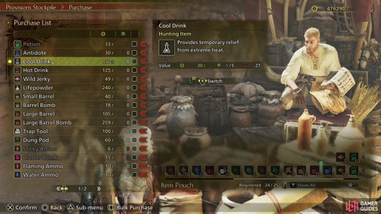 If relying on munching bugs to protect yourself from extreme temperatures, you can buy Cool Drinks and Hot Drinks from the provisioner in the plains base camp,