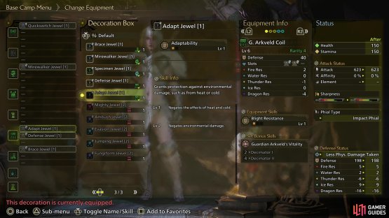 Decorations are dropped by monsters and can be equipped into weapons and armor with the right number and type of sockets to add skills.