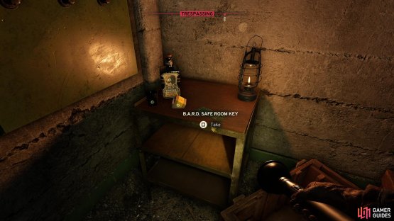 Crawl through a duct and you can find the B.A.R.D. Safe Room Key on a table,