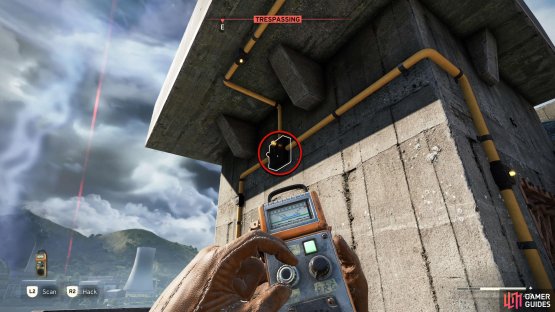 Go up the ladder and redirect the power from the second junction box near the turret.