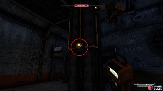 The turret at the bottom of the stairs will be on and hostile. Hug the pillar and activate the junction box to turn it off.
