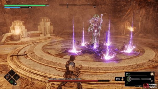Thalmudak will get a purple hue and jump on his sword to create a shockwave of bolts that travel outward.
