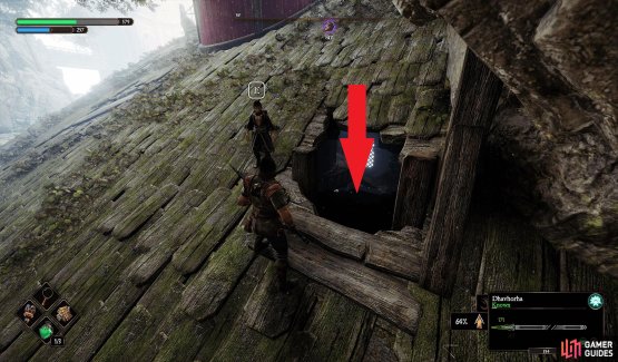 The Crow is directly above, accessed by dropping in the hole on the roof.