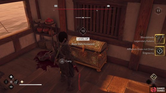 The Legendary Chest in the upper room contains the Bloodshade weapon for Naoe.