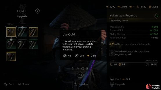 This normally costs crafting materials and Mon, but a rare chunk of gold can be used instead. Best saved for big upgrades.