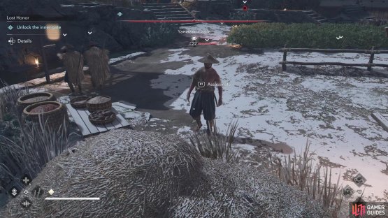 You can use this haypile to kill the one patrolling guard without alerting the others nearby.