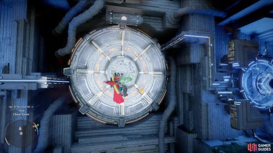 Climb onto the gear and hit it with Axiom Force to complete this Abyss puzzle.