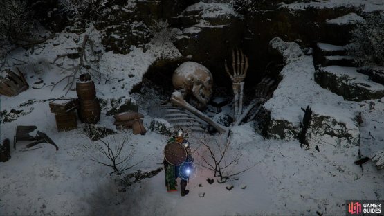 From a nearby Abyss Nexus, trek west to find a pit with a large skeleton inside of it,