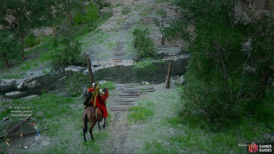 Follow the road running northeast along the &ldquo;Anvil Hill&rdquo; cliffs to the right and a river to the left and eventually you&rsquo;ll ford said river and start zig-zagging up a rocky hill.