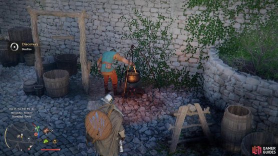 Examine a nearby &ldquo;Bonfire&rdquo;, then interact with it to start cooking.