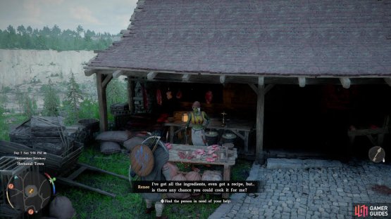 then go talk to Renee to properly start the quest and get the Recipe: Fish Porridge.