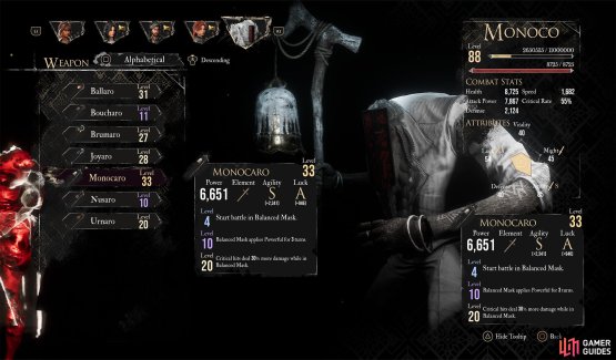 Monocaro is the first weapon Monoco joins the party with. Upgrade it to unlock its powerful traits.