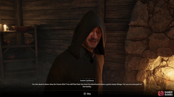 then sleep in a safe location to get another visit from Lucien Lachance, inviting you into the Dark Brotherhood.