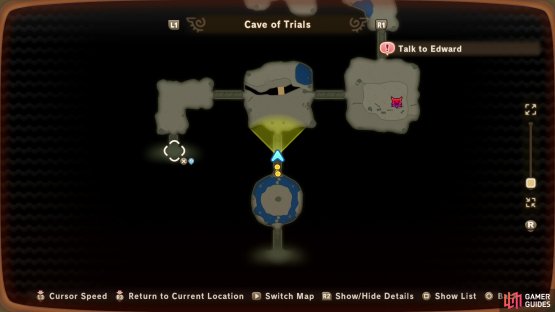 Enter the Cave of Trials and exit to the west,