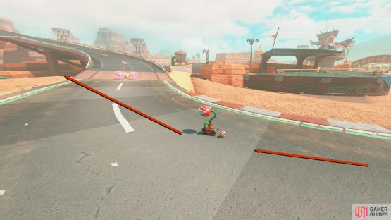 From the starting flag, turn around 180 degrees and follow the track.