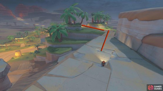 Drop to the floor below from the last panel, and follow the path between the palm trees.
