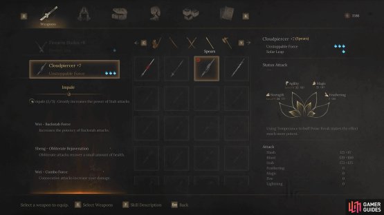 There are six spears to choose from (the two missing are Malice Sting and the Dragoncoil Lance).