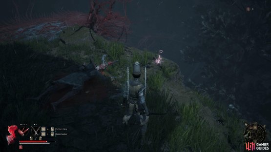 Come back to this location after resting at the shrine to find the Zhanlu Sword and the Champion’s armor set.