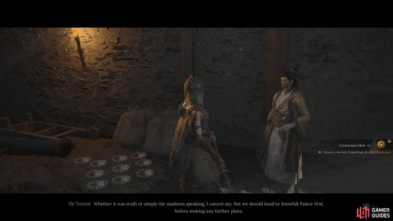 He Youzai will be inside that house. Exhaust his dialogue for the item as well as progressing his quest.