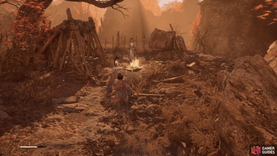 At the top of the ladder, opposite side of the shrine, is a small camp where Fang Yao and He Youzai can be found.