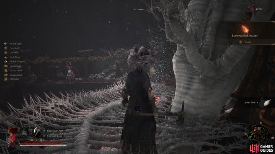 One guaranteed Lustrous Red Feather comes from the white tree in Chapter 5.