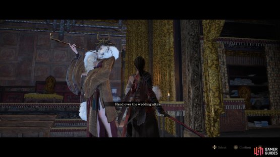 With the Wedding Attire acquired, hand it over to Huang Yan for a reward. Image via Gamer Guides / 505 Games.