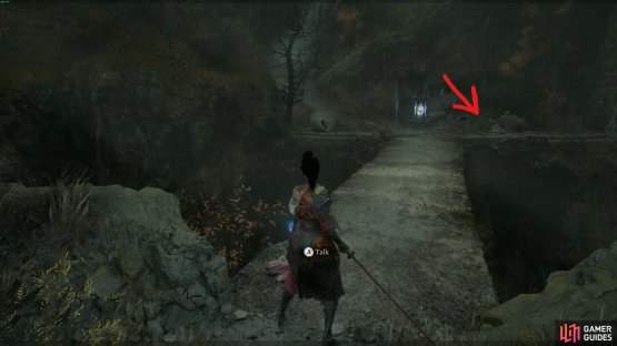 If you didn&rsquo;t Discard it, you can see her across the bridge leading to the Hillswatch Shrine. Image via Gamer Guides / 505 Games.