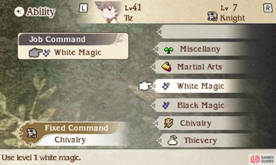 Here, Tiz is a Knight so by default has the Knight&rsquo;s Chivalry commands. However you can add one more set of commands from another job, such as White Magic.