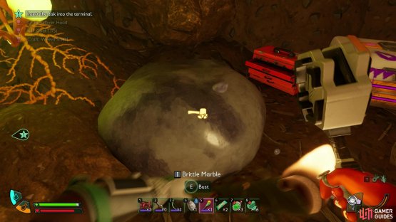 A Brittle Marble boulder in Grounded 2, located inside an early game cave. Image via Gamer Guides / Obsidian