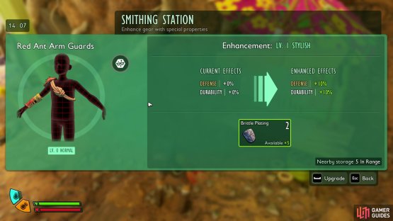 Players can use their Brittle Marble to create Platings, which are used to upgrade low level gear. Image via Gamer Guides / Obsidian.