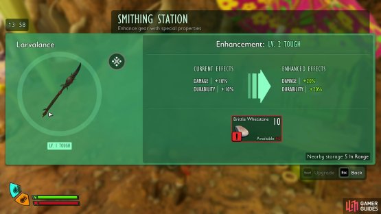 Brittle Quartzite can be forged at the workbench into Brittle Whetstones, which are used to upgrade early game weapons. Image via Gamer Guides / Obsidian.