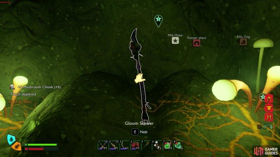 The other reward is the Gloom Skewer hidden behind the mushroom that need cutting down. Image via Gamer Guides / Obsidian.