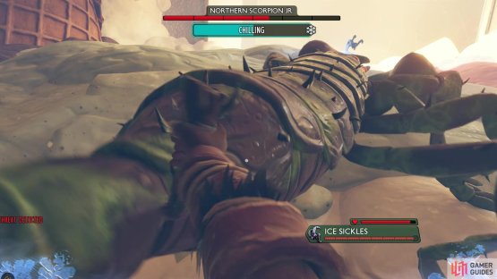 Use the health of the Ice Sickle MIX.R Machine to tank the harder to kill Scorpions while you hit the weak spot of the Scorpions Rump / Stinger. Image via Gamer Guides / Obsidian. 