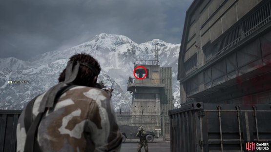 During the first screen of the chase scene, when Eva stops for the first time, look up into the guard tower to find this Kerotan.