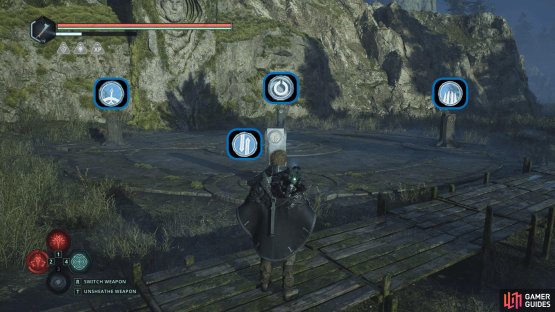 Go around the outside of each pedestal, look at it, and rotate to the symbol above.