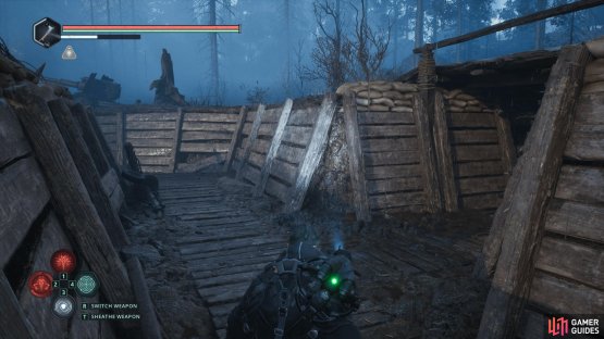 Follow the trenches and take a right at the first intersection.