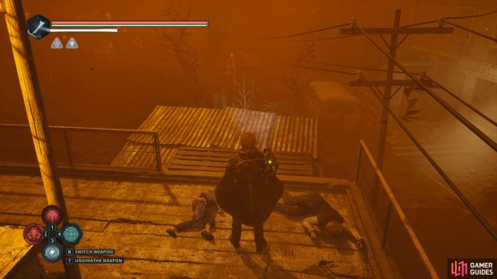 At the end, drop off the roof, head left, and follow the path around the burning house through the broken wall.