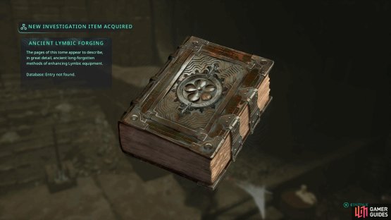 Open the chest to the right of the lever to obtain the Ancient Lymbic Forging Book.