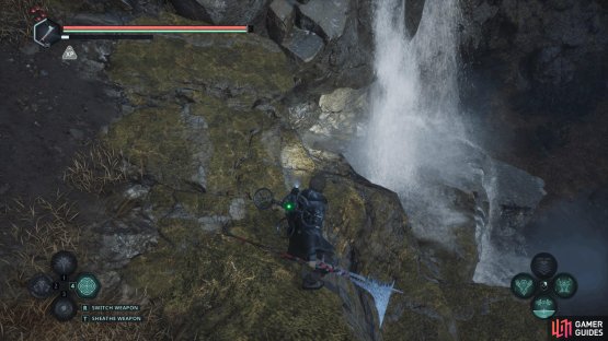 From the APC, follow the wall on your left to find a waterfall. Go around the slope in front and drop on the rocks below the waterfall.