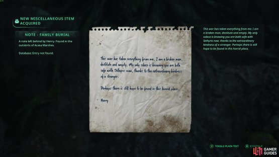 Next to the grave is a note you can easily miss that adds some extra world building after completing the Asunder Good Deed. image via Gamer Guides / Nacon.
