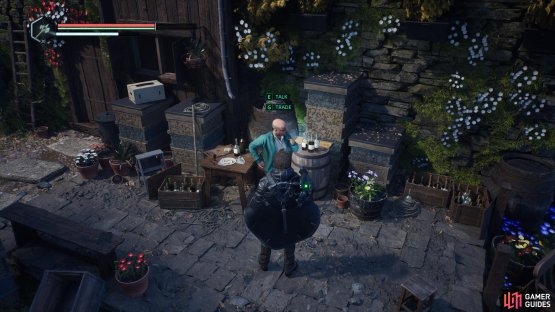 After helping Jaffer flee the Pathom Abbey, he is stood by the Apiary stone cottage in lake Cynon. Image via Gamer Guides / Nacon.