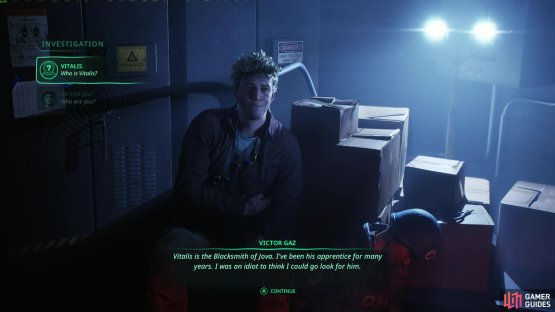 Head inside the maintenance room to find Victor the Blacksmith&rsquo;s apprentice, who gives you a lead. Image via Gamer Guides / Nacon.