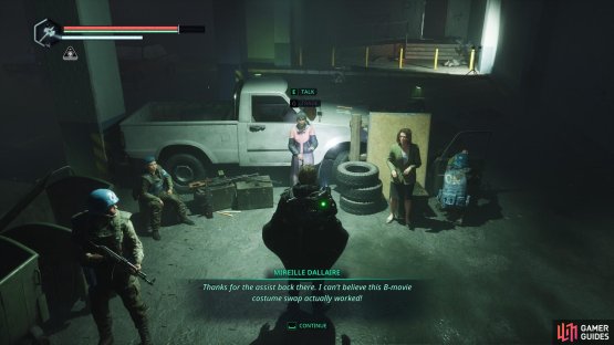After handing over the Clothes, you can find her in the parking lot with her ON Peacekeeper allies. Image via Gamer Guides / Nacon.