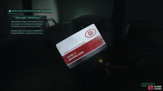 Swipe the Keycard from the parking lot floor below. Image via Gamer Guides / Nacon.