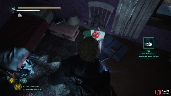 Placing the Shoes - Red on the chair with her property completes the Never Wort Good Deed. Image via Gamer Guides / Nacon.