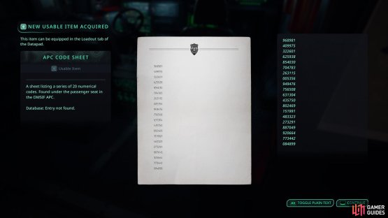 Get the code from under the APC seat and input line 14 into the gate. Image via Gamer Guides / Nacon.
