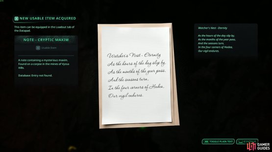 Looting teh corpse gives you a Lymbic Rod and this note, which gives the clues needed to solve the Computer Code in Watcher&rsquo;s Nest. Image via Gamer Guides / Nacon.