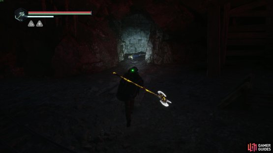 Unlock the mine closest the to the Watcher&rsquo;s Nest and head into the red mine room. Look for this body. Image via Gamer Guides / Nacon.