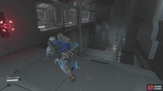 Drop down here by the five-lock door and go into the hallway beyond it.